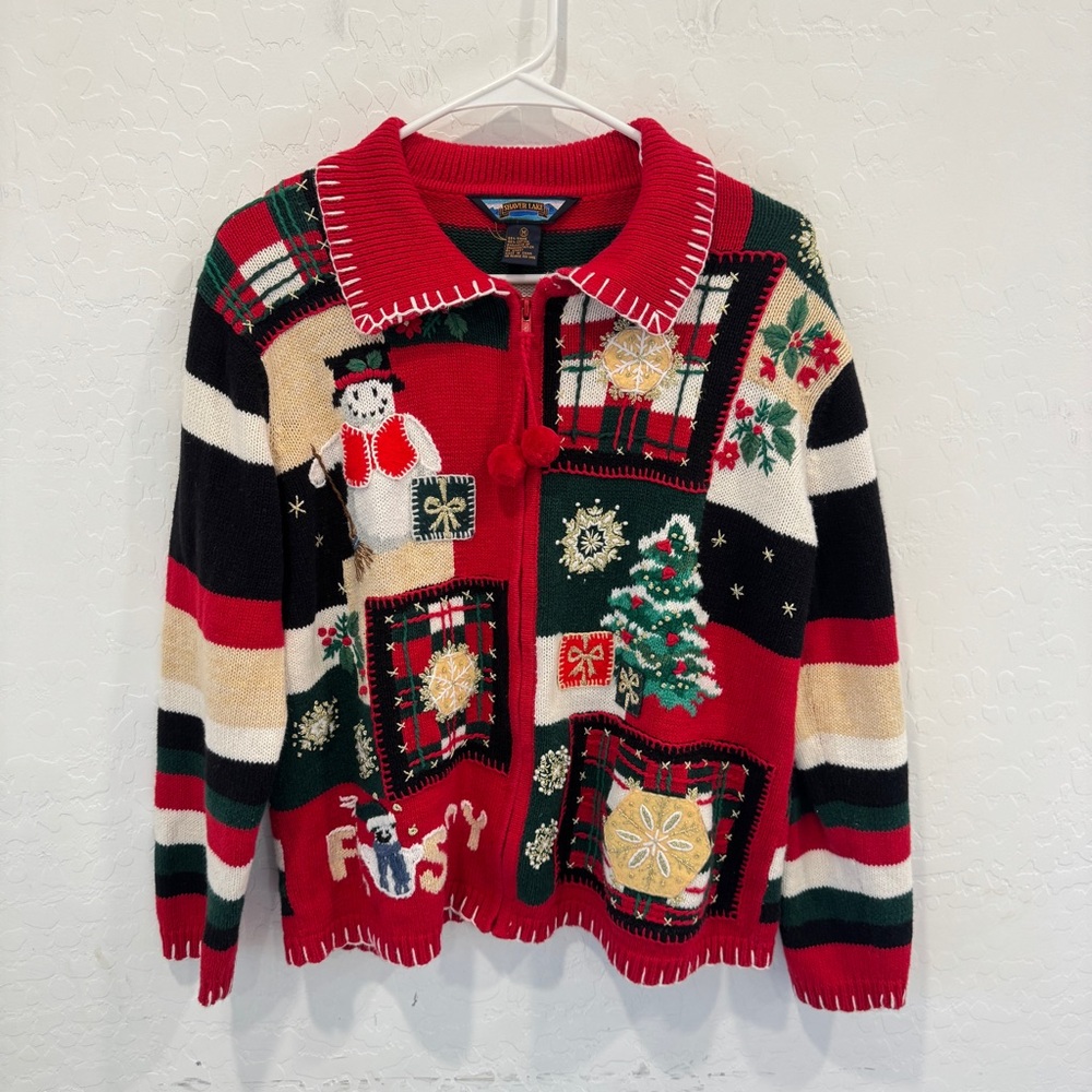 Shaver Lake Christmas Cardigan Sweater Womens Medium Patchwork Embroidered